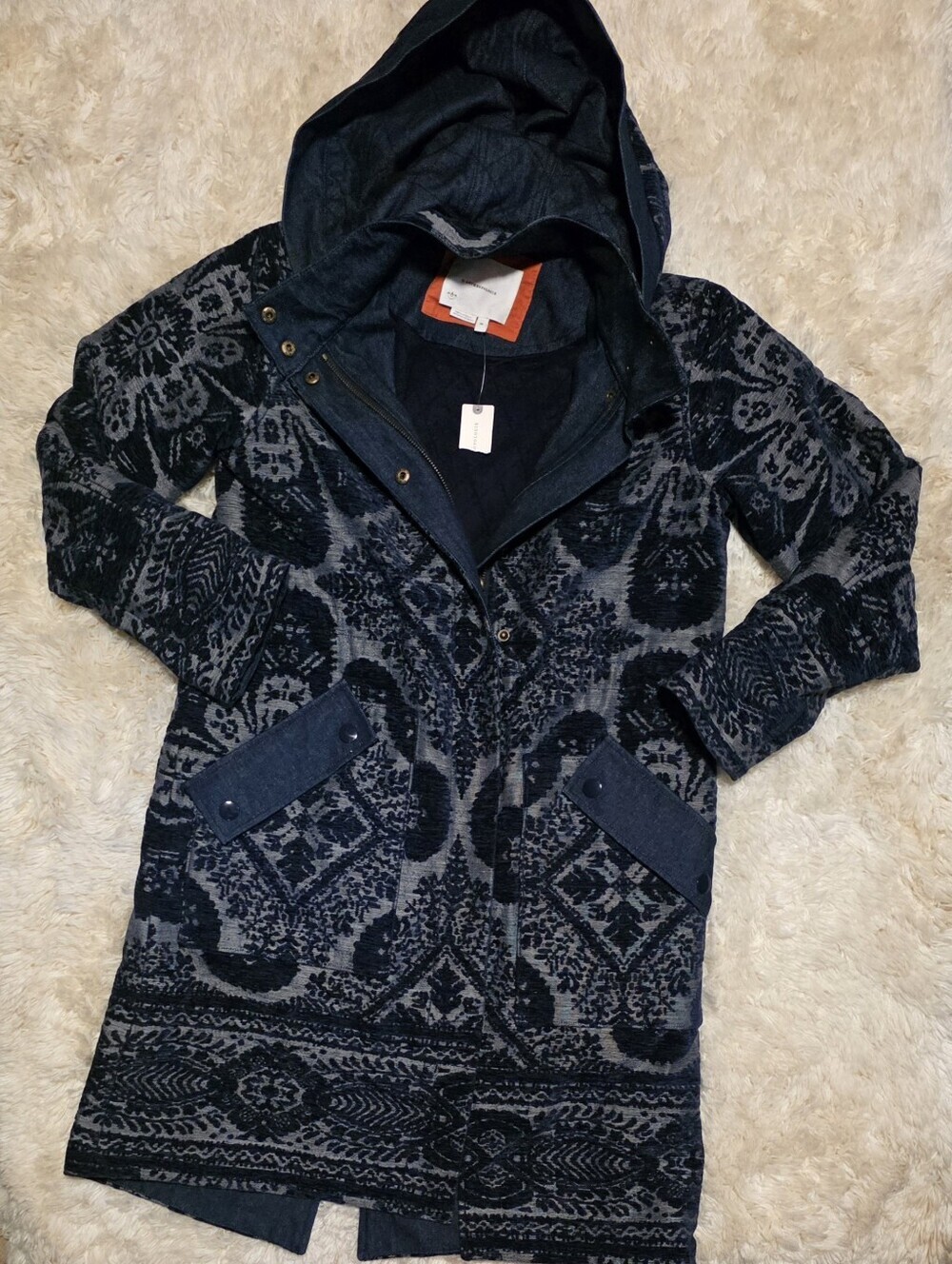 Anthropologie Chenille Tapestry Parka Coat Navy Quilted Lined Sz. XS NWT